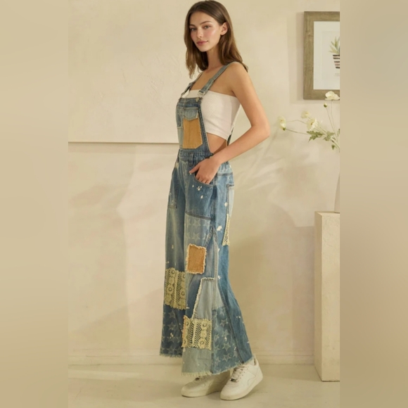 #1374 Oli & Hali Boho Starlight Patchwork Wide-Leg Denim Overalls - Picture 6 of 8